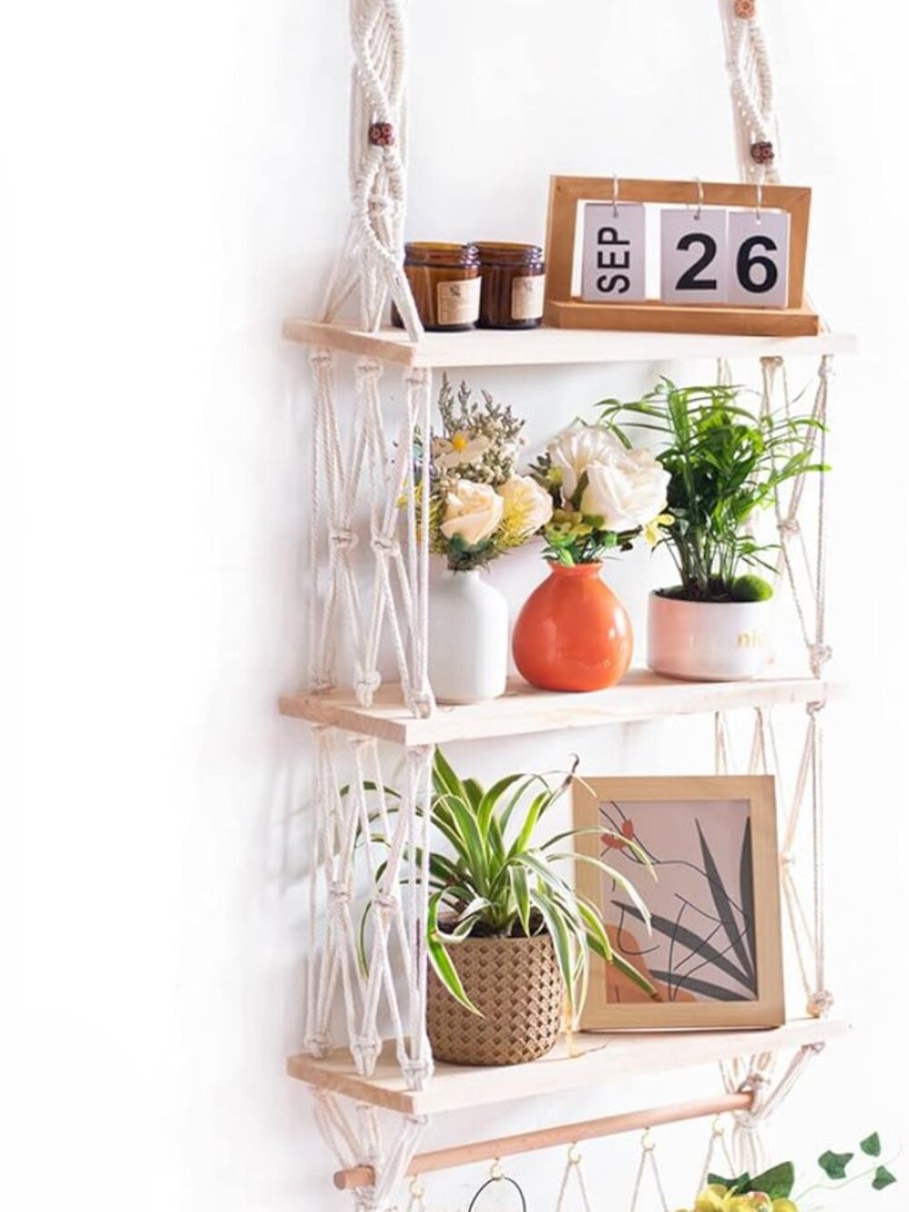Macrame Wall Hanging Shelf 3 Tier Wood Boho Floating Shelf with Hooks Rack